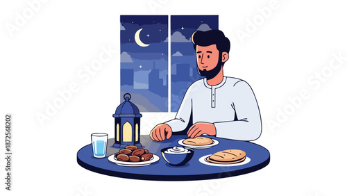 Muslim Man Breaking Fast at Iftar Dinner During Ramadan Night with Dates and Lantern