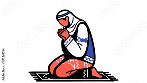 Minimalist Illustration of Muslim Woman Praying on Prayer Rug for Ramadan and Islamic Worship