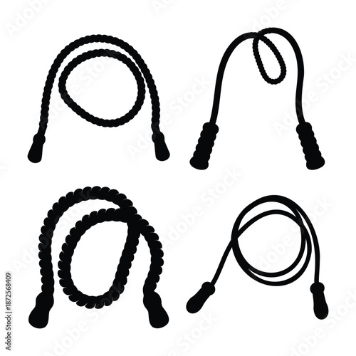 Collection of black silhouette skipping rope designs for fitness and exercise