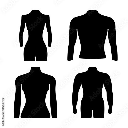 Stylized black silhouettes of human torsos, ideal for fashion design and apparel templates