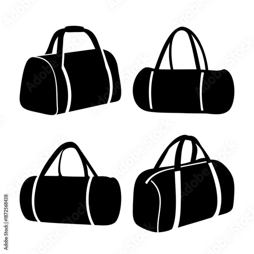 Collection of black silhouette duffel bags and gym bags for sports and travel needs