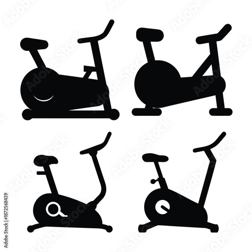 Four distinct black silhouette icons of stationary exercise bikes for fitness and cardio
