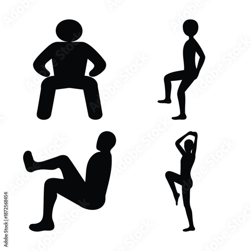 Four diverse black silhouettes illustrating various dynamic fitness and exercise poses