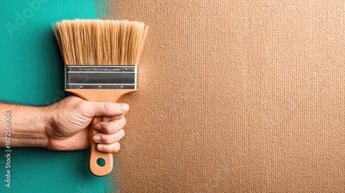 Person painting wall with paintbrush showing color contrast and texture