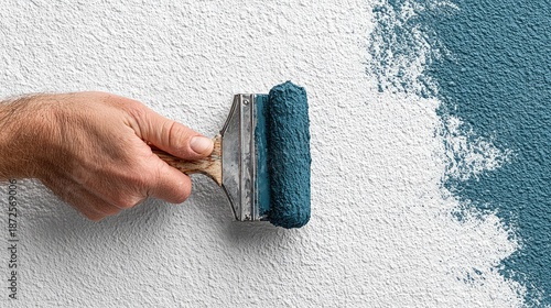Hand painting wall with paint roller showing creative construction and design