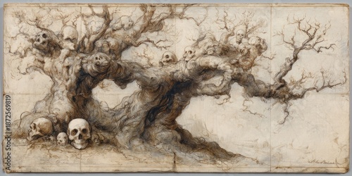 A gnarled tree with exposed roots and many skulls incorporated into its branches