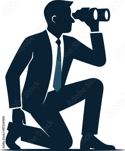 Tableau sur toile Businessman silhouette kneeling and looking through binoculars, symbolizing visi