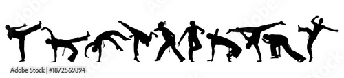 Capoeira silhouette set. Brazilian martial art, fighting, dancing. Various actions, movements, poses. Vector illustration of capoeira dancers isolated on a white background