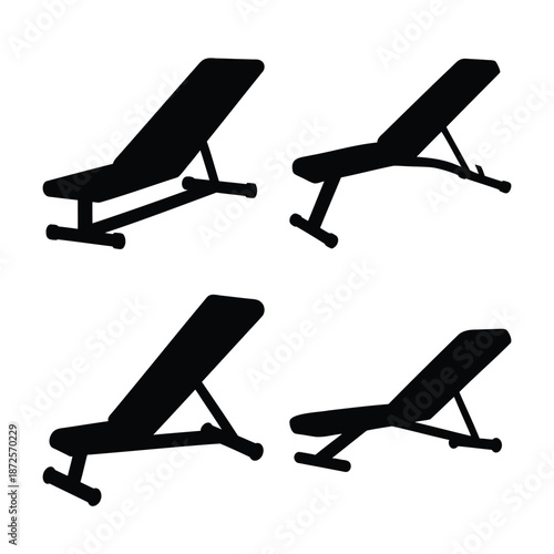 Four silhouettes of adjustable incline weight benches for fitness and strength training