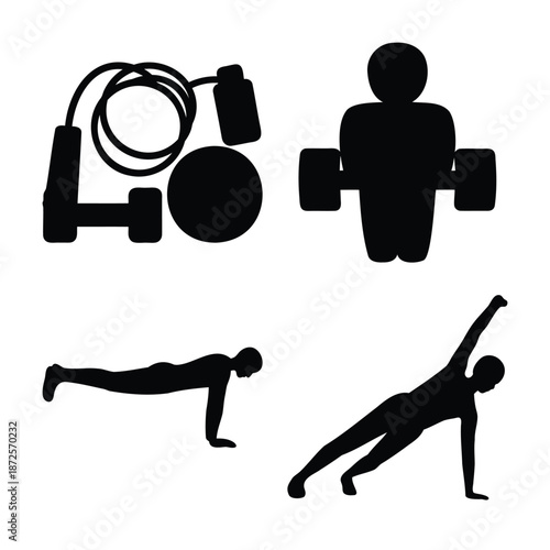 Essential fitness equipment and dynamic workout poses for a healthy lifestyle