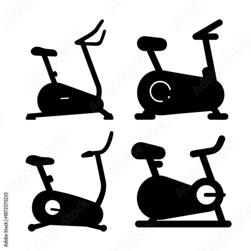 Collection of black silhouette icons representing various stationary exercise bikes for fitness