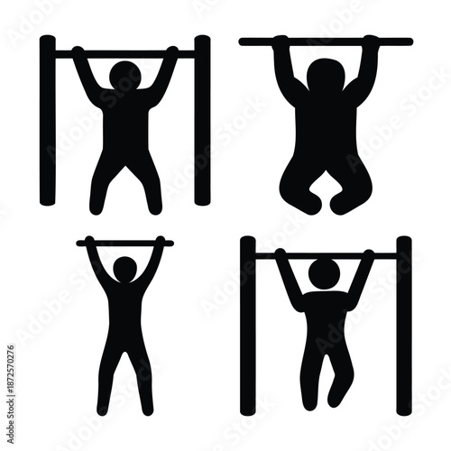 Collection of black silhouette icons illustrating various pull-up and chin-up bar exercises