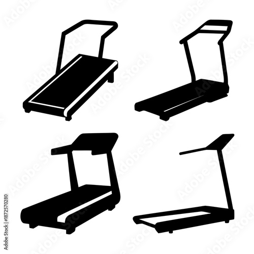 Set of four treadmill silhouettes for fitness, exercise, and cardio workout equipment
