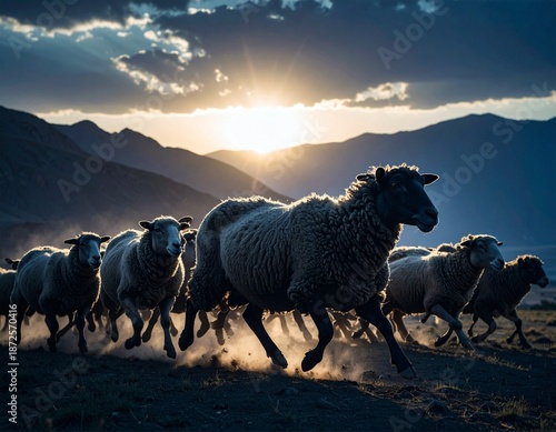 Sheep running across the beautiful morning landscape　美しい朝の大地を疾走する羊