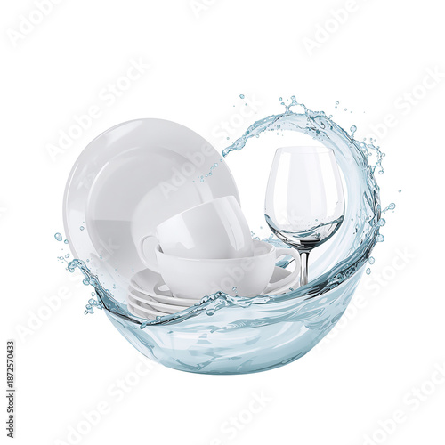 Clean White Dishes and Wine Glass Splashed with Water