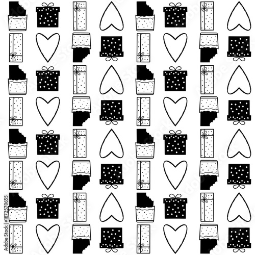 Romantic seamless pattern with Valentine theme elements such as hearts, gifts, and love symbols. Perfect for wrapping paper, wallpaper, fabric, greeting cards, and festive design projects.