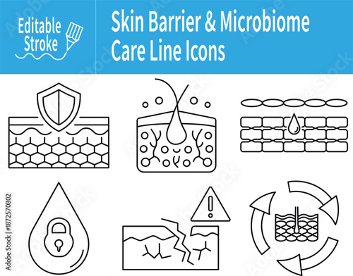 Skin barrier repair and microbiome balance line icon sheet featuring hydration retention, ceramide support, skin damage alert, and recovery cycle with editable stroke