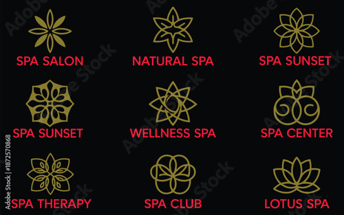 spa logo vector set illustration including symbols for relaxation massage beauty wellness therapy and holistic health suitable for spa centers salons and wellness branding projects.