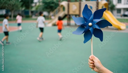 In front of a playground, a child spins a blue pinwheel, embodying childhood joy and raising awareness for child abuse prevention