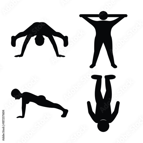 Diverse collection of human silhouettes demonstrating various bodyweight exercises and stretches