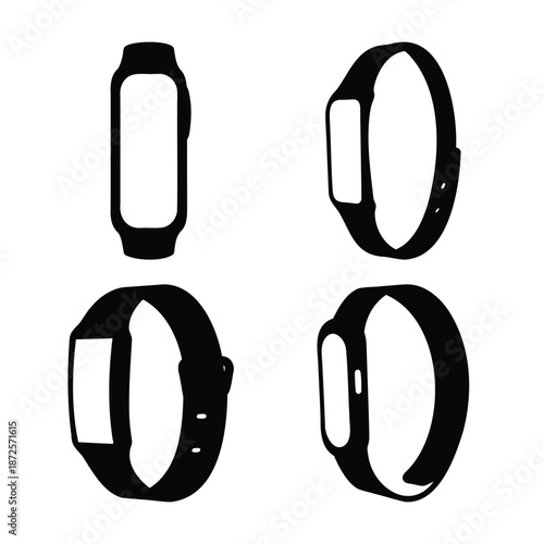 Collection of fitness tracker silhouettes showing various angles of smart bands and wearables