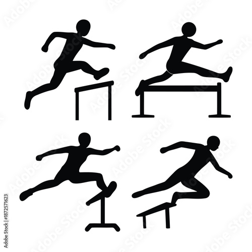 Dynamic silhouettes of athletes in various stages of hurdling on a track field