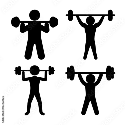 Various stick figures illustrating different weightlifting exercises with barbells