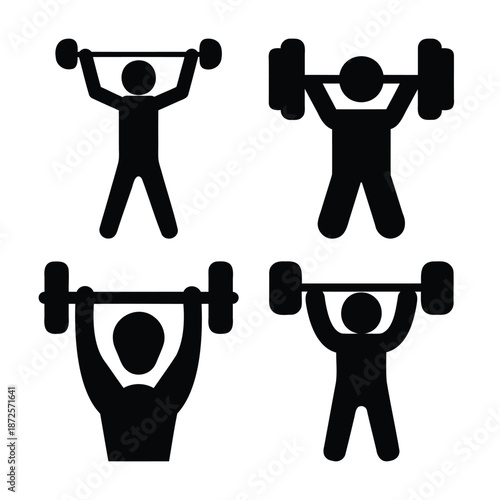 Four black silhouette icons illustrating various weightlifting exercises and strength training