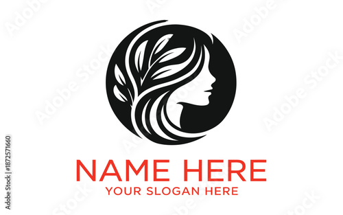 minimalist circular logo vector featuring calm female profile with hair flowing into botanical elements continuous line illustration representing holistic beauty wellness and natural skincare concept.