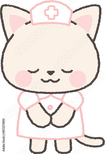 お辞儀をする白ネコの看護師
