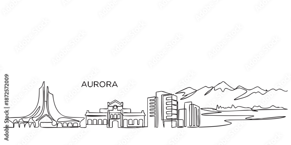 Obraz premium Aurora, Colorado City Skyline Continuous Line Art with Mountains and Landmarks
