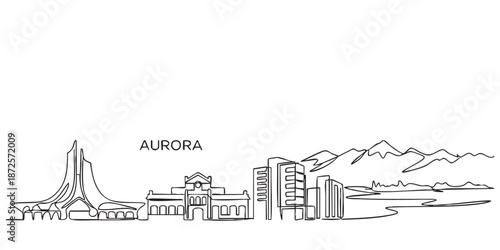 Aurora, Colorado City Skyline Continuous Line Art with Mountains and Landmarks
