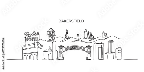 Bakersfield, California City Skyline Continuous Line Art with Oil Derrick and Sign