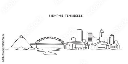 Memphis, Tennessee City Skyline Continuous Line Art with Pyramid and Bridge