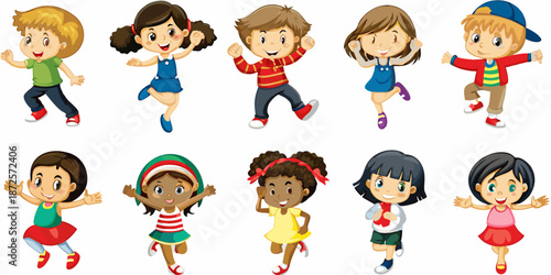 Diverse group of cheerful cartoon children with various hairstyles and clothing