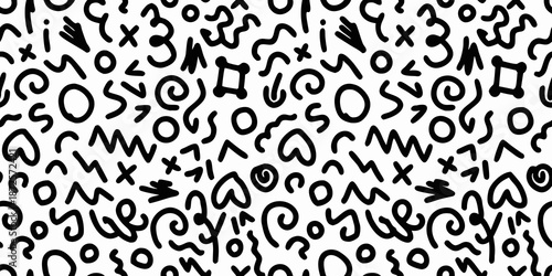 Abstract black and white pattern with random mathematical symbols and doodles