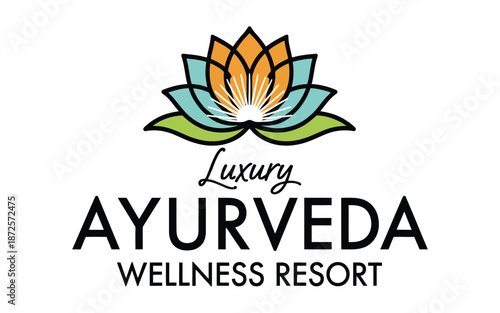 elegant Ayurveda wellness resort logo design vector featuring lotus flower and luxury script for spa, holistic health, natural therapy, and luxury wellness branding.