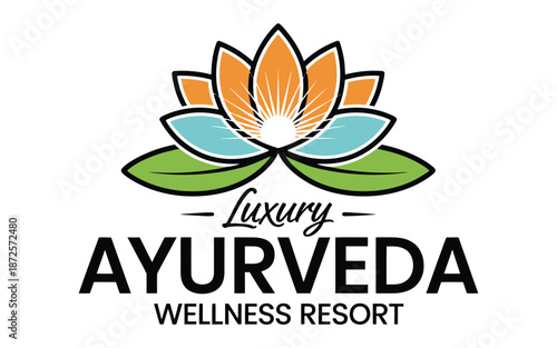 elegant Ayurveda wellness resort logo design vector featuring lotus flower and luxury script for spa, holistic health, natural therapy, and luxury wellness branding.