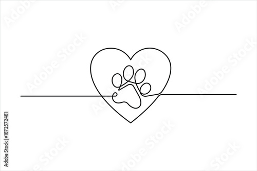Continuous one line art drawing of animal dog paw pad, footprint design line art vector illustration