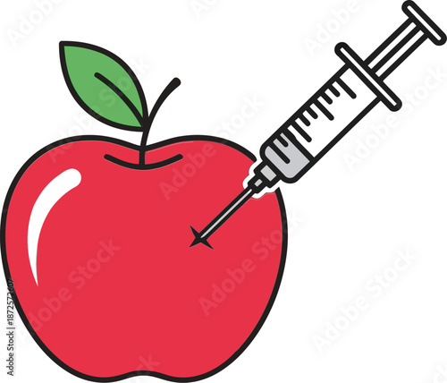 Genetically modified apple illustration. syringe injecting fruit. gmo food science, nutrition concept.