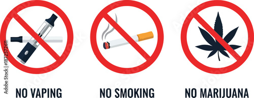 No smoking, vaping, marijuana prohibition signs set. health & public safety icons.