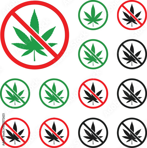 Marijuana cannabis prohibition allowed icons. weed leaf ban legalization symbols vector set.