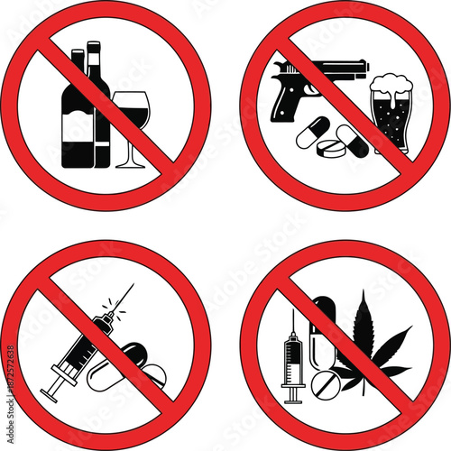 Prohibited harmful substances icons set: alcohol, drugs, weapons warning signs vector