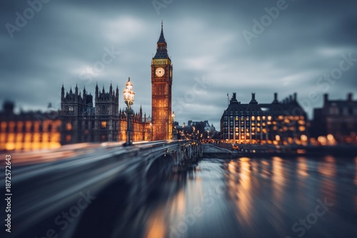 Illuminated clock tower and bridge reflect on the water at dusk.