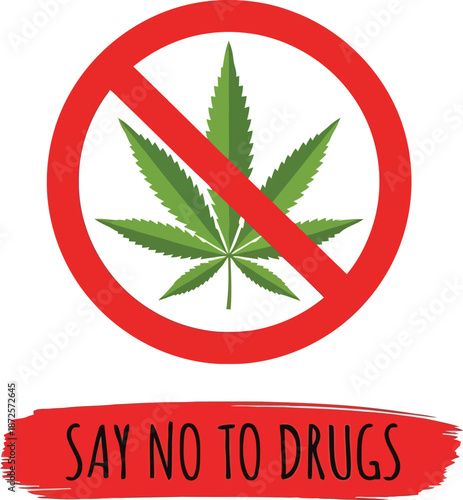 Say no to drugs concept. cannabis leaf in red prohibition sign. drug addiction prevention