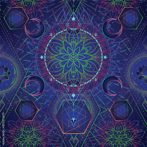 Sacred Geometry seamless pattern. Hindu symbols of wisdom and path to perfection. Tattoo, yoga background, Buddhism design, print, poster, t-shirt, textile. Repeating vector illustration.