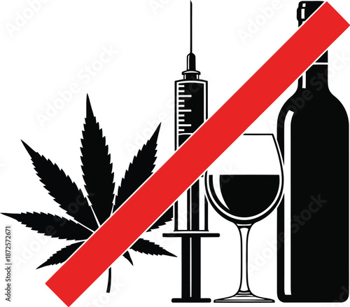 No drug alcohol abuse addiction prevention syringe cannabis wine bottle icon
