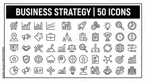 Business Strategy Icon Set: 50 Minimal Line Icons for Planning, Growth, Marketing, Finance, and Analytics