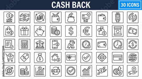 Extensive cash back icons set for UI design and fintech apps: payments, rewards, shopping, budgeting, and financial icons