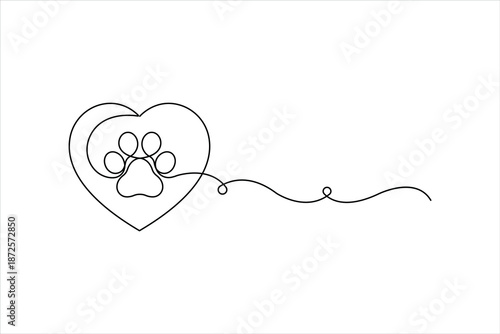 Continuous one line art drawing of animal dog paw pad, footprint design line art vector illustration